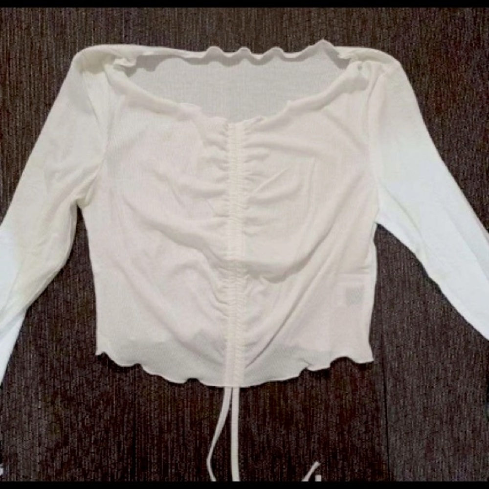 Lettuce Trim Drawstring Rushed Front Solid Tee - Picture 2 of 4